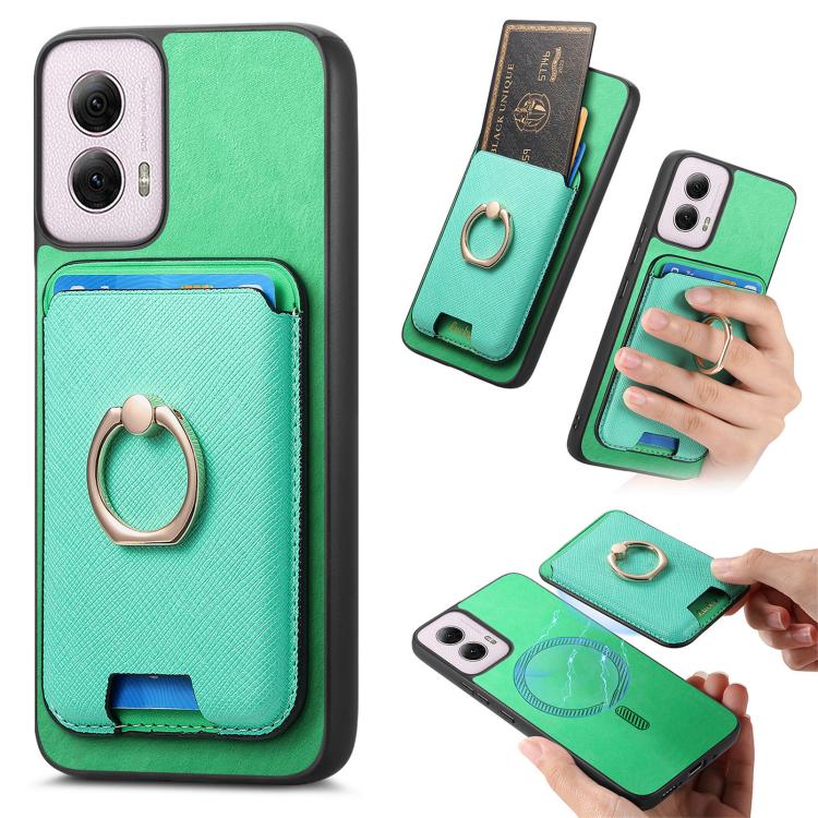 Retro Cross Leather Ring Vertical Insert Card Bag MagSafe Phone Case, Compatible with Motorola Moto G Play 4G 2024