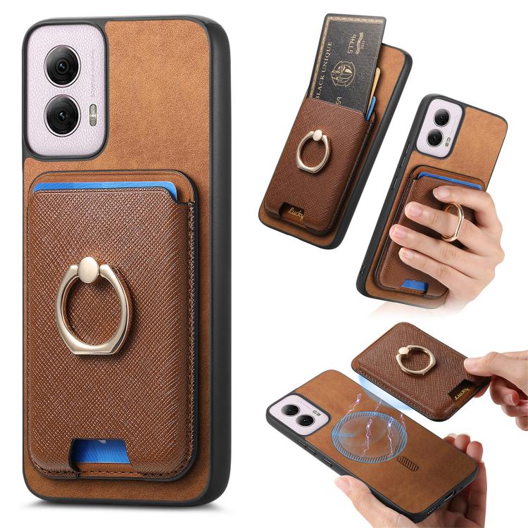 Retro Cross Leather Ring Vertical Insert Card Bag MagSafe Phone Case, Compatible with Motorola Moto G Play 4G 2024