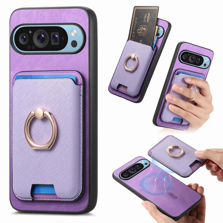 Retro Cross Leather Ring Vertical Insert Card Bag MagSafe Phone Case, Compatible with Google Pixel 9a