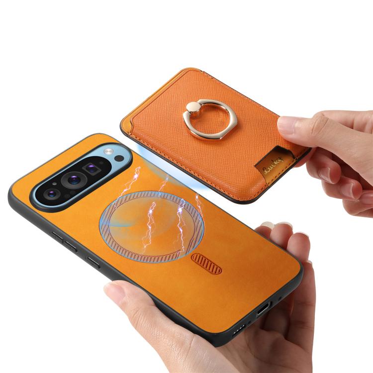 Retro Cross Leather Ring Vertical Insert Card Bag MagSafe Phone Case, Compatible with Google Pixel 9 Pro XL