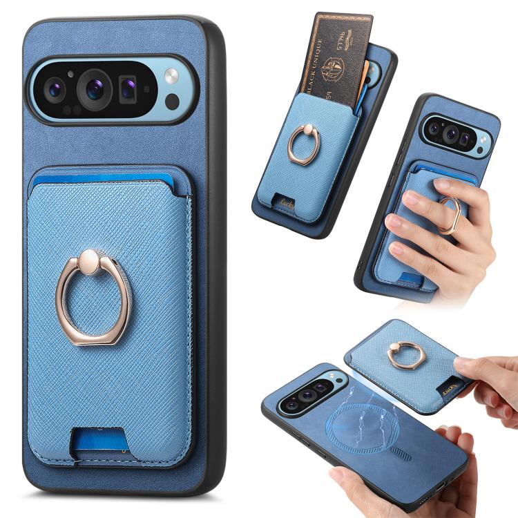 Retro Cross Leather Ring Vertical Insert Card Bag MagSafe Phone Case, Compatible with Google Pixel 9 Pro XL