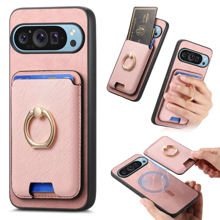 Retro Cross Leather Ring Vertical Insert Card Bag MagSafe Phone Case, Compatible with Google Pixel 9 Pro XL