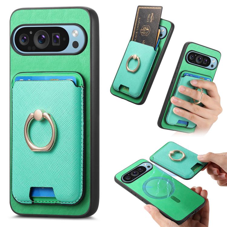 Retro Cross Leather Ring Vertical Insert Card Bag MagSafe Phone Case, Compatible with Google Pixel 9 Pro XL
