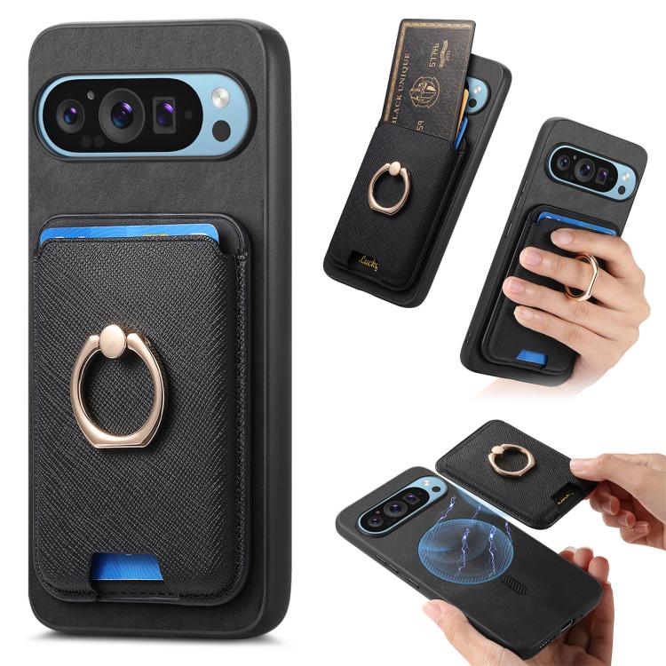 Retro Cross Leather Ring Vertical Insert Card Bag MagSafe Phone Case, Compatible with Google Pixel 9 Pro XL