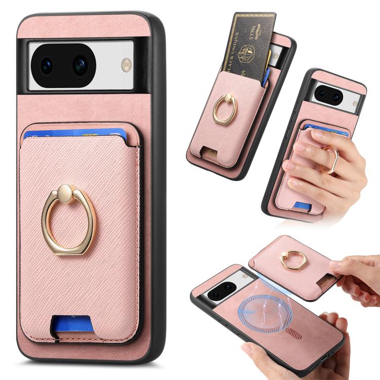 Retro Cross Leather Ring Vertical Insert Card Bag MagSafe Phone Case, Compatible with Google Pixel 8a