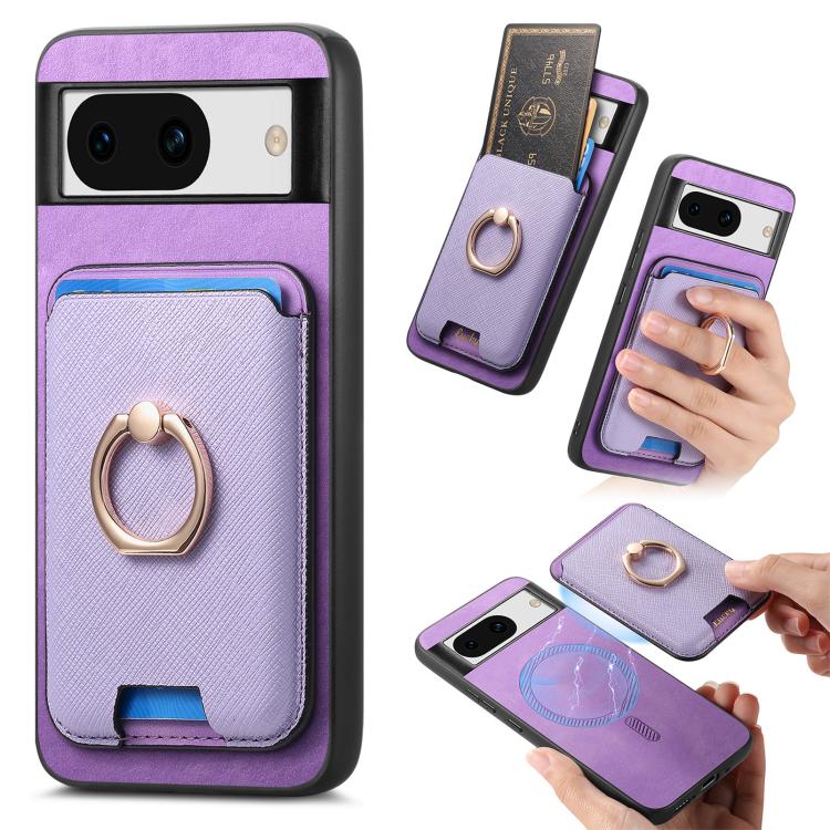 Retro Cross Leather Ring Vertical Insert Card Bag MagSafe Phone Case, Compatible with Google Pixel 8a