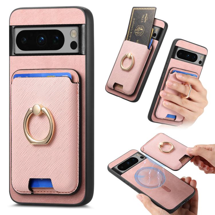 Retro Cross Leather Ring Vertical Insert Card Bag MagSafe Phone Case, Compatible with Google Pixel 8 Pro