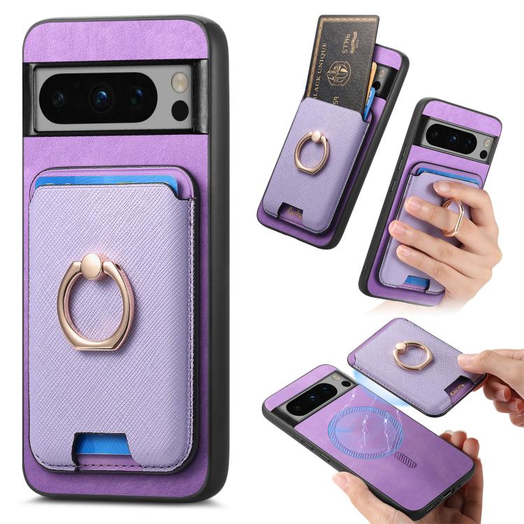 Retro Cross Leather Ring Vertical Insert Card Bag MagSafe Phone Case, Compatible with Google Pixel 8 Pro