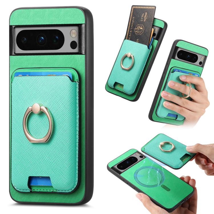 Retro Cross Leather Ring Vertical Insert Card Bag MagSafe Phone Case, Compatible with Google Pixel 8 Pro