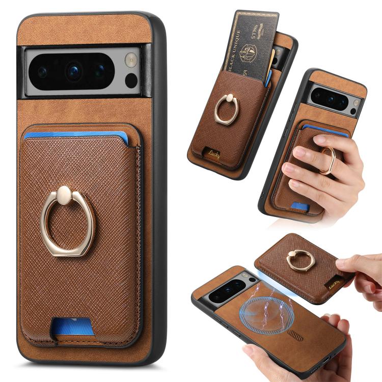 Retro Cross Leather Ring Vertical Insert Card Bag MagSafe Phone Case, Compatible with Google Pixel 8 Pro