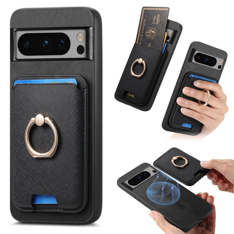 Retro Cross Leather Ring Vertical Insert Card Bag MagSafe Phone Case, Compatible with Google Pixel 8 Pro