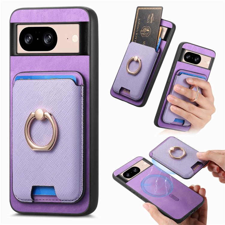 Retro Cross Leather Ring Vertical Insert Card Bag MagSafe Phone Case, Compatible with Google Pixel 8