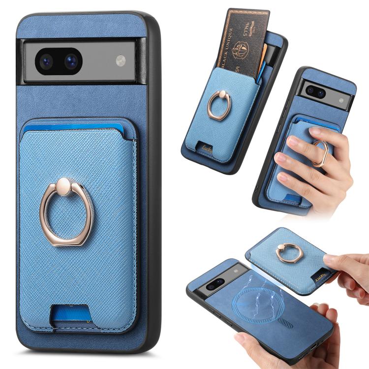 Retro Cross Leather Ring Vertical Insert Card Bag MagSafe Phone Case, Compatible with Google Pixel 7a