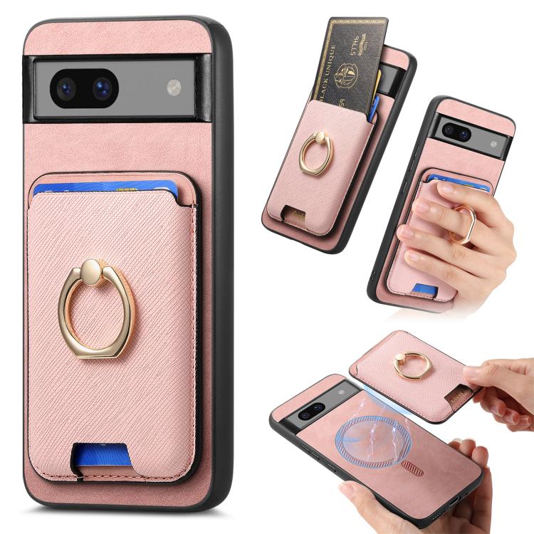 Retro Cross Leather Ring Vertical Insert Card Bag MagSafe Phone Case, Compatible with Google Pixel 7a