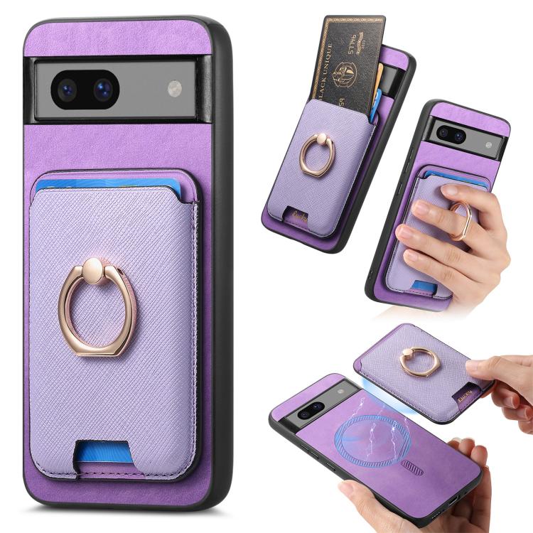 Retro Cross Leather Ring Vertical Insert Card Bag MagSafe Phone Case, Compatible with Google Pixel 7a