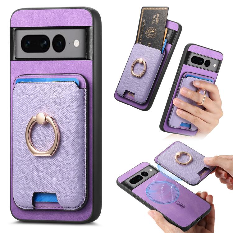 Retro Cross Leather Ring Vertical Insert Card Bag MagSafe Phone Case, Compatible with Google Pixel 7 Pro