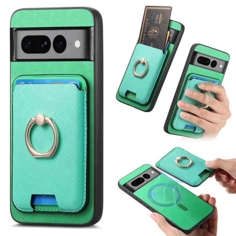 Retro Cross Leather Ring Vertical Insert Card Bag MagSafe Phone Case, Compatible with Google Pixel 7 Pro