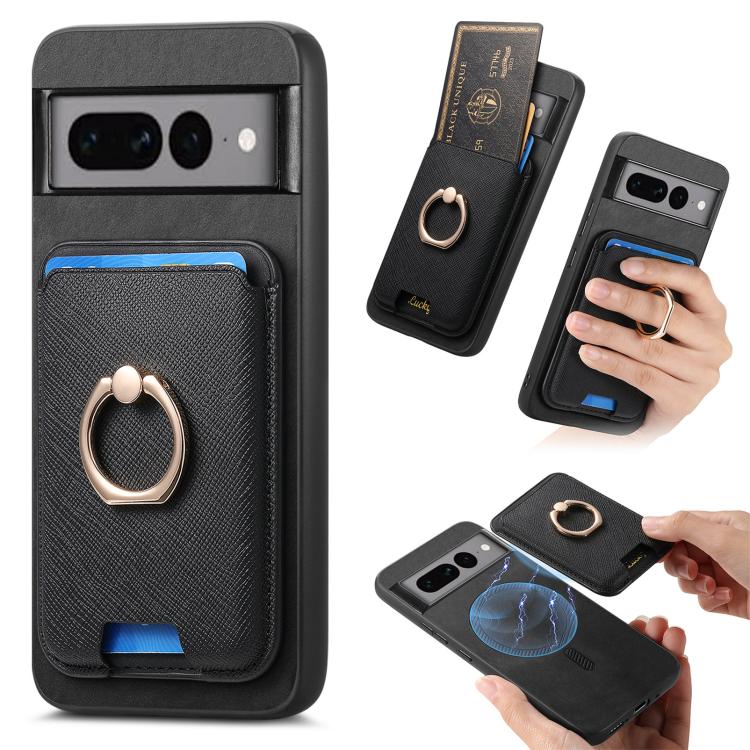 Retro Cross Leather Ring Vertical Insert Card Bag MagSafe Phone Case, Compatible with Google Pixel 7 Pro
