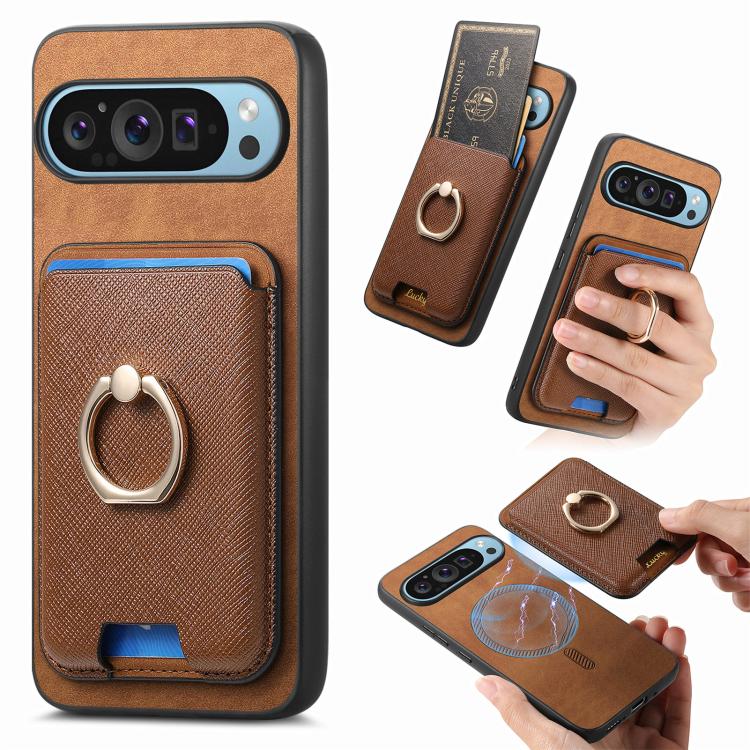 Retro Cross Leather Ring Vertical Insert Card Bag MagSafe Phone Case, Compatible with Google Pixel 9 / 9 Pro