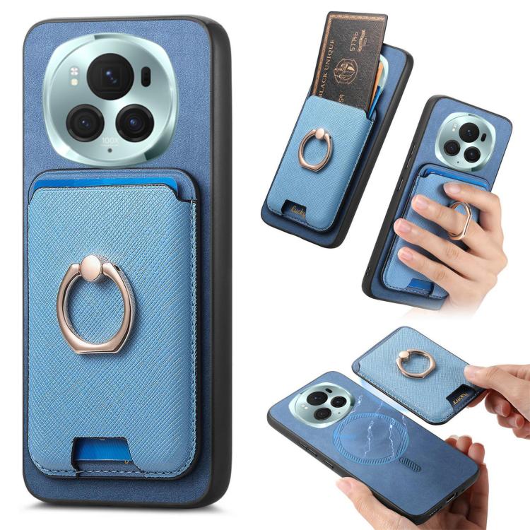 Retro Cross Leather Ring Vertical Insert Card Bag MagSafe Phone Case, Compatible with Honor Magic6 Pro 5G