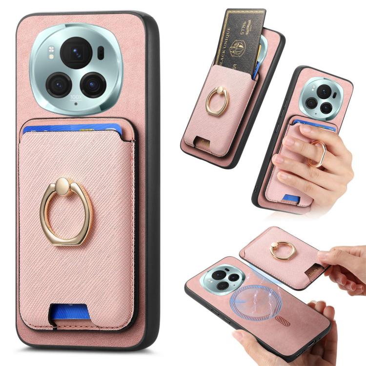 Retro Cross Leather Ring Vertical Insert Card Bag MagSafe Phone Case, Compatible with Honor Magic6 Pro 5G