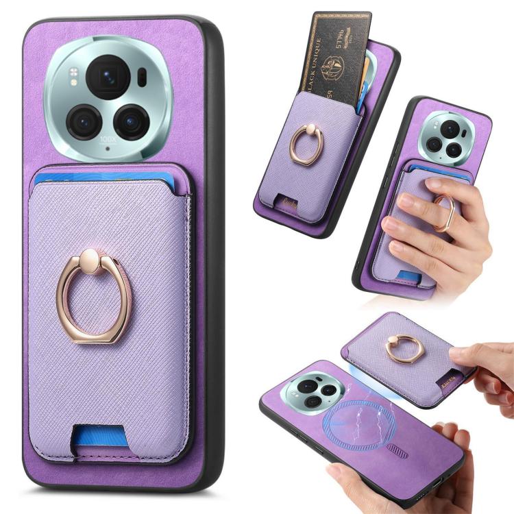 Retro Cross Leather Ring Vertical Insert Card Bag MagSafe Phone Case, Compatible with Honor Magic6 Pro 5G