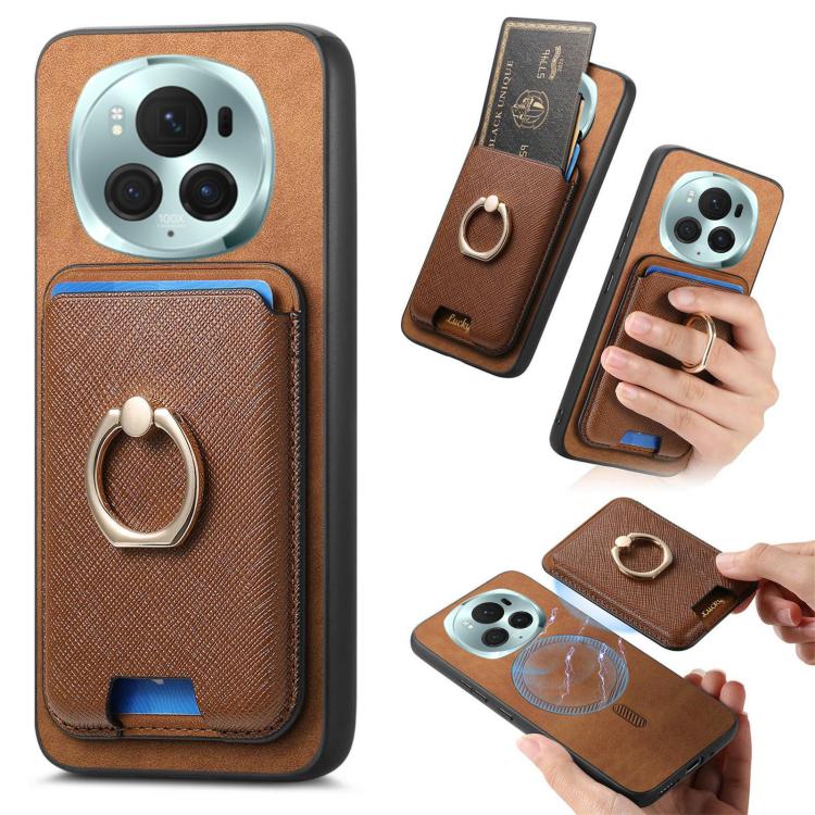 Retro Cross Leather Ring Vertical Insert Card Bag MagSafe Phone Case, Compatible with Honor Magic6 Pro 5G