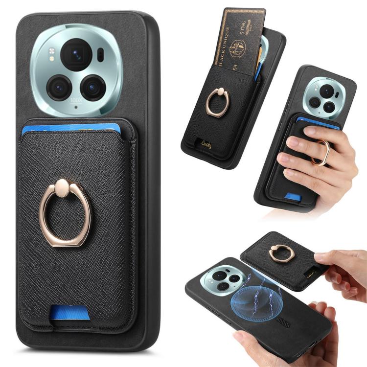 Retro Cross Leather Ring Vertical Insert Card Bag MagSafe Phone Case, Compatible with Honor Magic6 Pro 5G