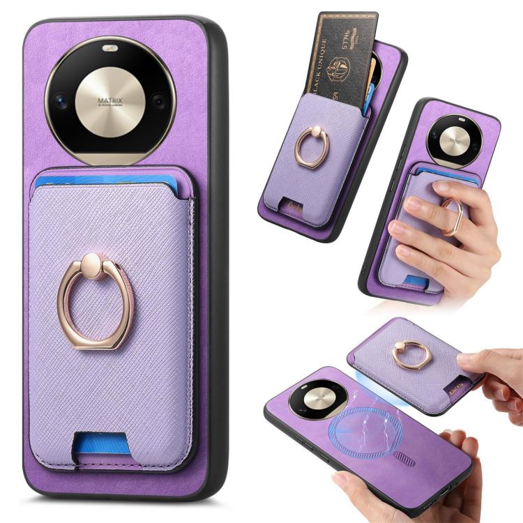 Retro Cross Leather Ring Vertical Insert Card Bag MagSafe Phone Case, Compatible with Honor X50 Pro 5G
