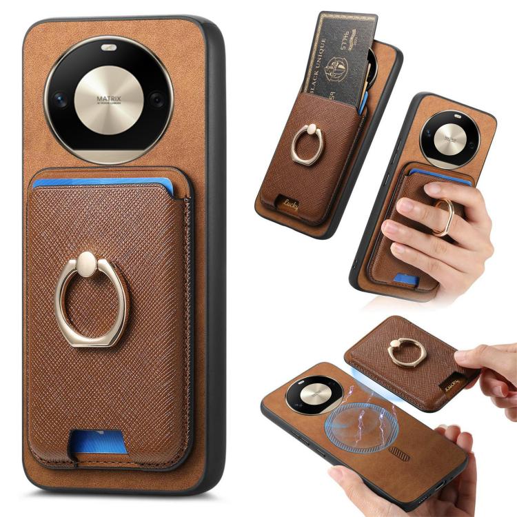 Retro Cross Leather Ring Vertical Insert Card Bag MagSafe Phone Case, Compatible with Honor X50 Pro 5G