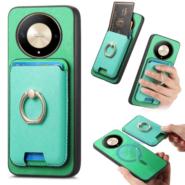 Retro Cross Leather Ring Vertical Insert Card Bag MagSafe Phone Case, Compatible with Honor X9b / Magic6 Lite