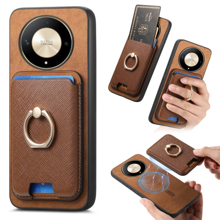 Retro Cross Leather Ring Vertical Insert Card Bag MagSafe Phone Case, Compatible with Honor X9b / Magic6 Lite