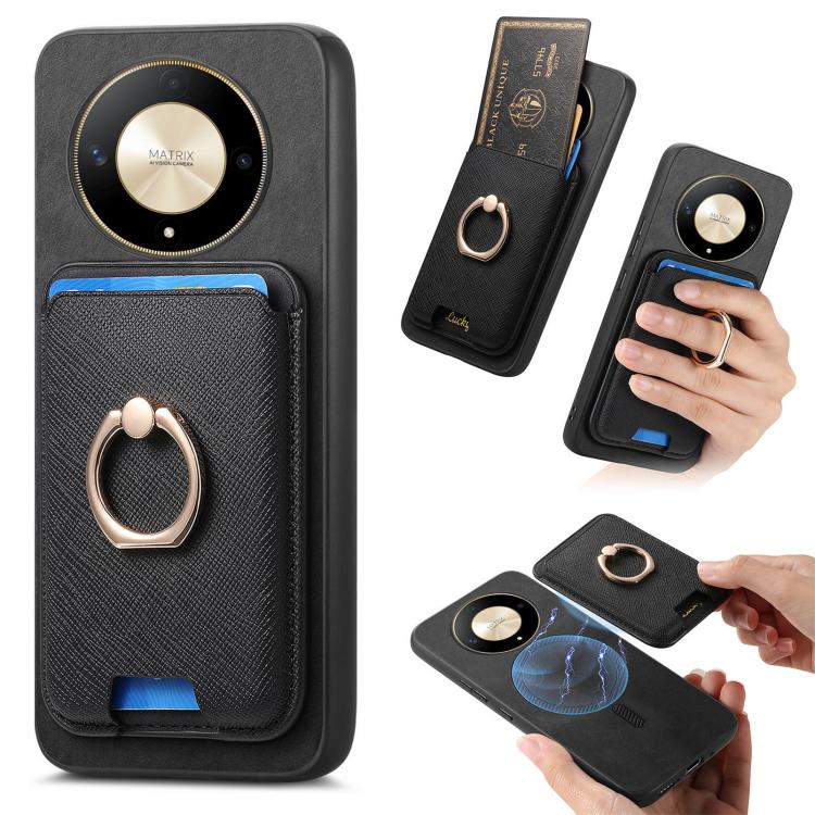 Retro Cross Leather Ring Vertical Insert Card Bag MagSafe Phone Case, Compatible with Honor X9b / Magic6 Lite