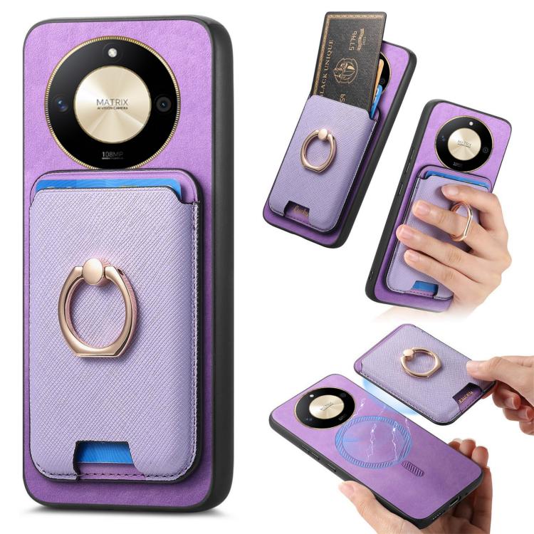 Retro Cross Leather Ring Vertical Insert Card Bag MagSafe Phone Case, Compatible with Honor X50