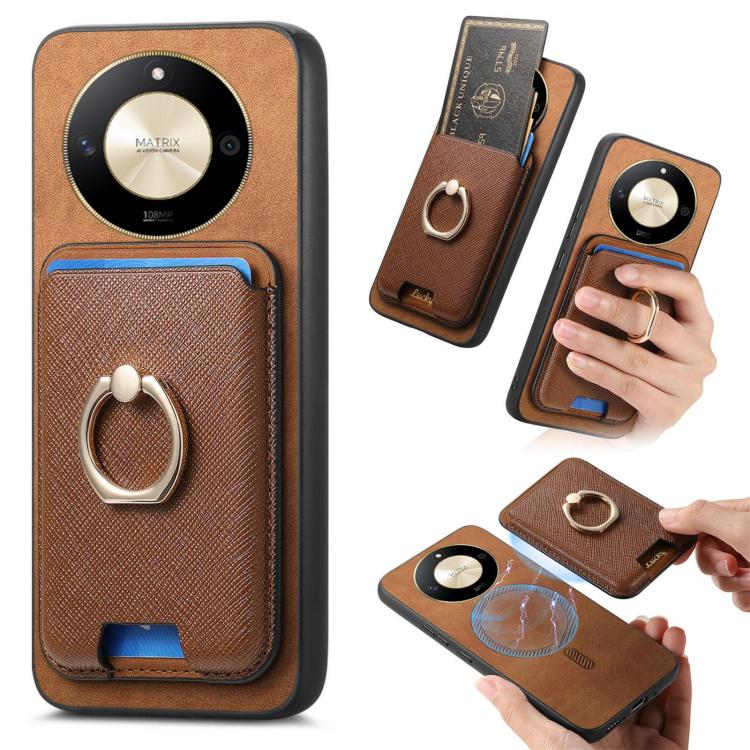 Retro Cross Leather Ring Vertical Insert Card Bag MagSafe Phone Case, Compatible with Honor X50
