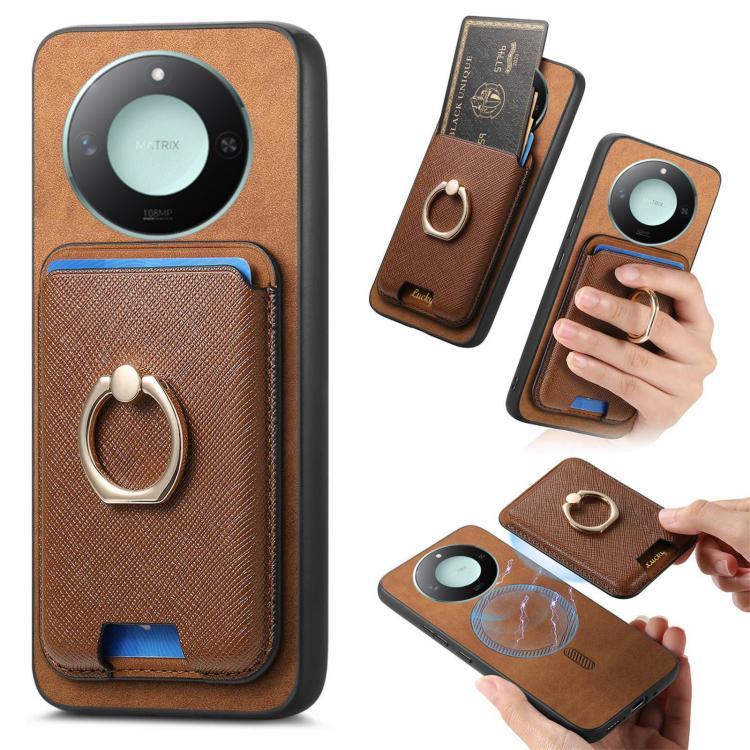 Retro Cross Leather Ring Vertical Insert Card Bag MagSafe Phone Case, Compatible with Honor X60 5G