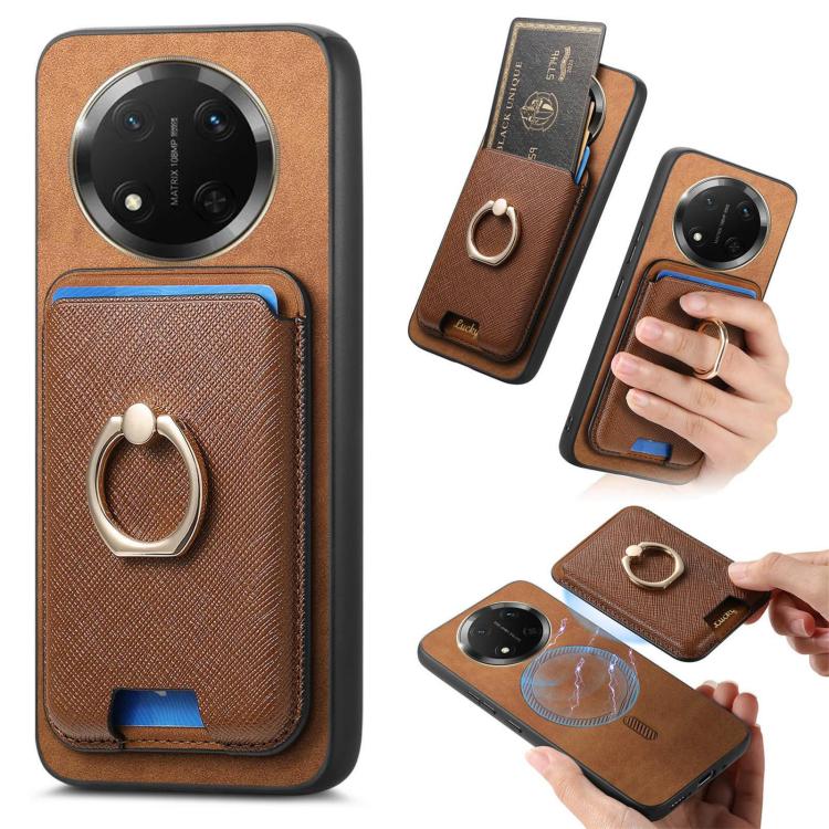 Retro Cross Leather Ring Vertical Insert Card Bag MagSafe Phone Case, Compatible with Honor X9C