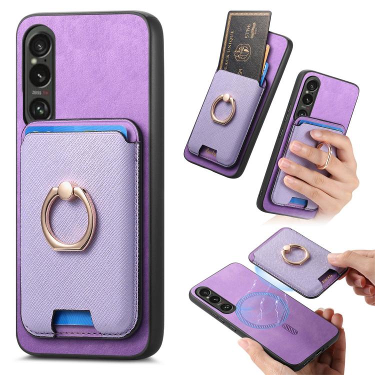 Retro Cross Leather Ring Vertical Insert Card Bag MagSafe Phone Case, Compatible with Sony Xperia 1 VI