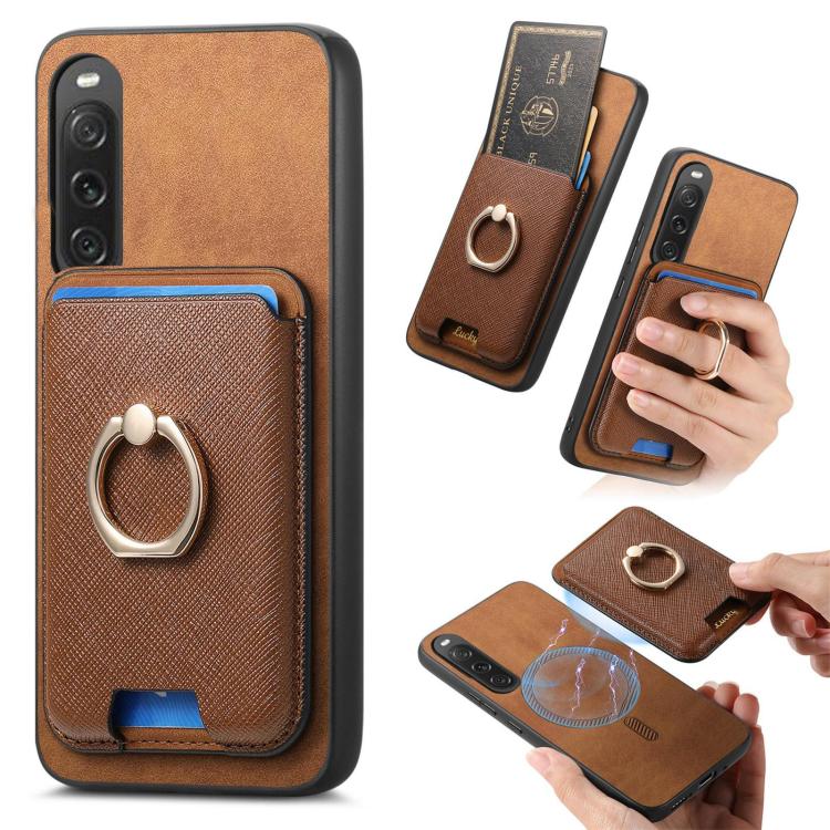 Retro Cross Leather Ring Vertical Insert Card Bag MagSafe Phone Case, Compatible with Sony Xperia 10 V