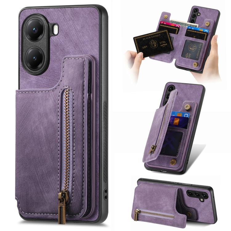 Retro Leather Zipper Wallet Back Phone Case, Compatible with Redmi Turbo 4