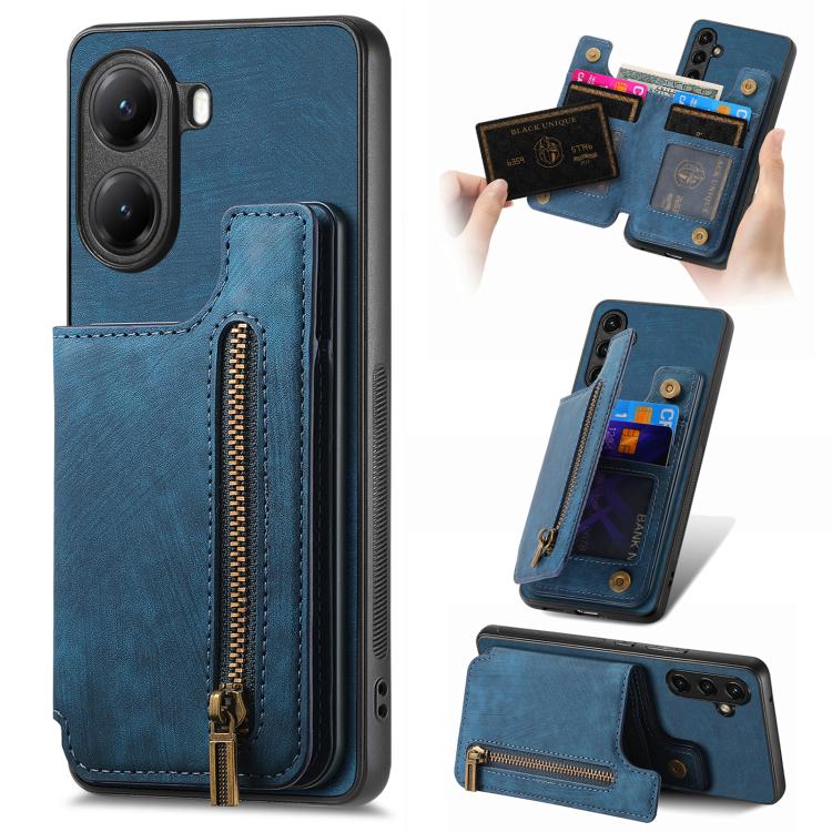 Retro Leather Zipper Wallet Back Phone Case, Compatible with Redmi Turbo 4