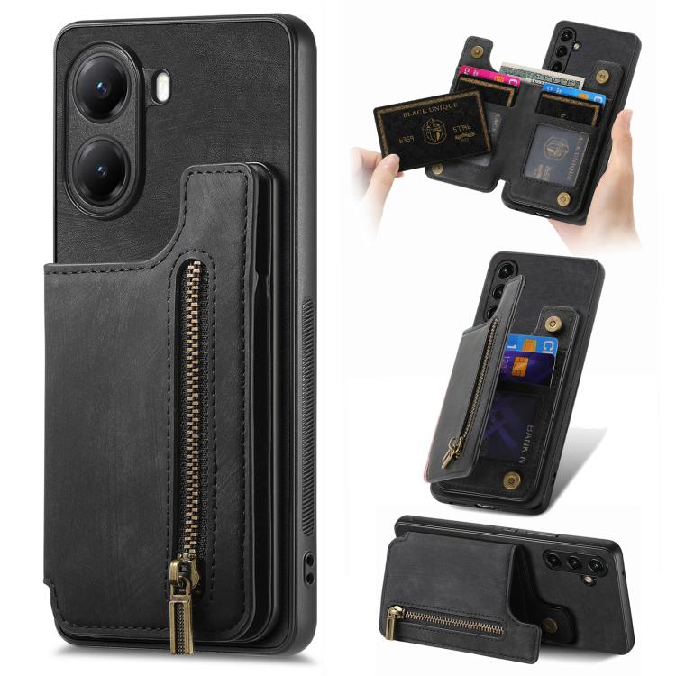 Retro Leather Zipper Wallet Back Phone Case, Compatible with Redmi Turbo 4