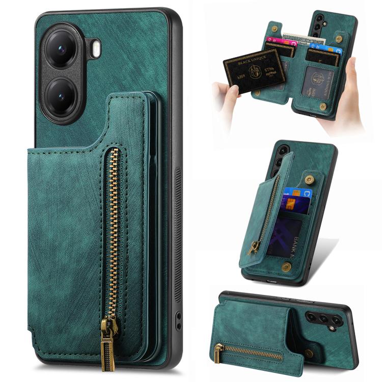 Retro Leather Zipper Wallet Back Phone Case, Compatible with Redmi Turbo 4