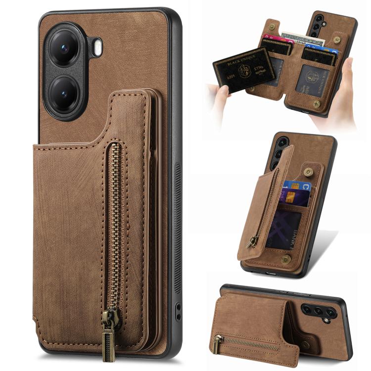 Retro Leather Zipper Wallet Back Phone Case, Compatible with Xiaomi Poco X7 Pro