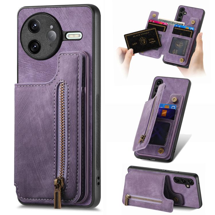 Retro Leather Zipper Wallet Back Phone Case, Compatible with Redmi K80 / Poco F7 Pro