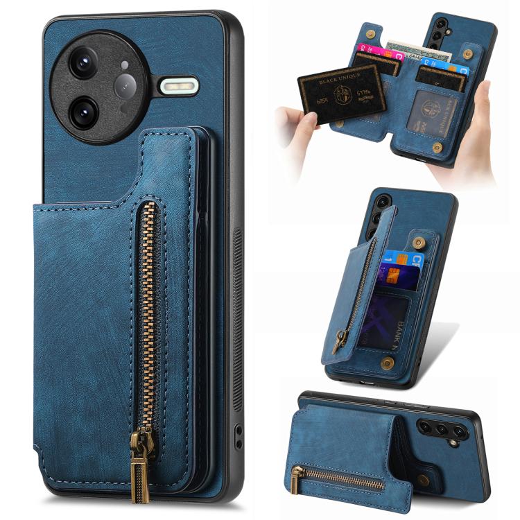 Retro Leather Zipper Wallet Back Phone Case, Compatible with Redmi K80 / Poco F7 Pro