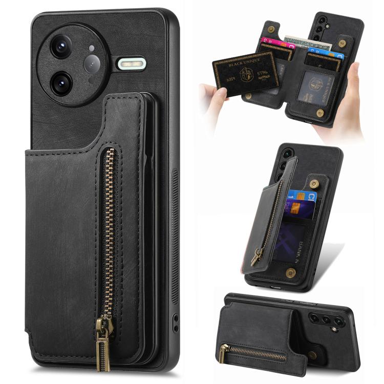 Retro Leather Zipper Wallet Back Phone Case, Compatible with Redmi K80 / Poco F7 Pro