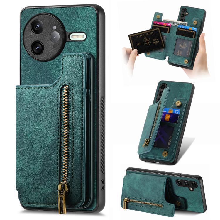 Retro Leather Zipper Wallet Back Phone Case, Compatible with Redmi K80 / Poco F7 Pro