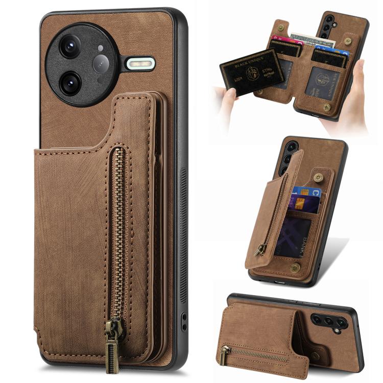 Retro Leather Zipper Wallet Back Phone Case, Compatible with Redmi K80 Pro / Poco F7 Ultra