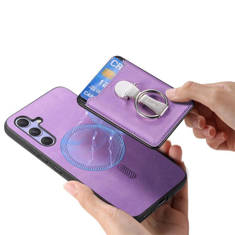 Retro Folding Ring Holder Card Bag MagSafe Phone Case, Compatible with Samsung Galaxy A14 4G / 5G